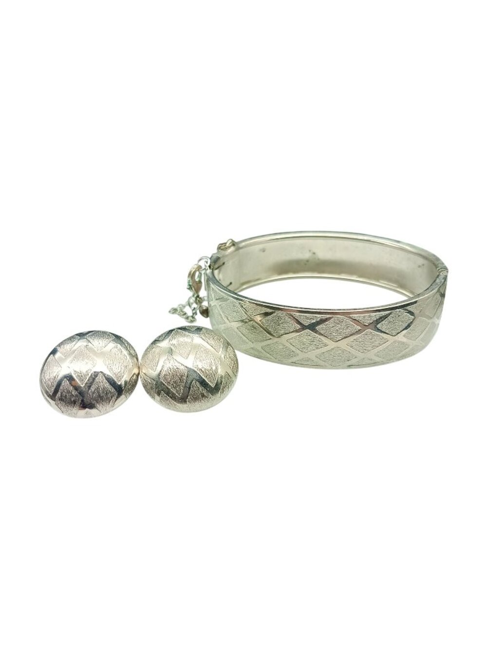 Vintage Silver-Tone Diamond Pattern Hinged Bracelet & Clip-On Earrings Set